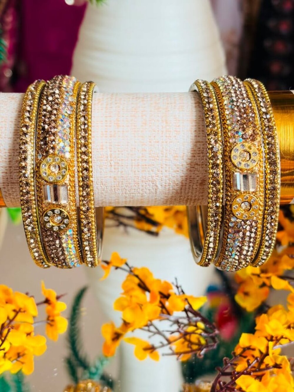 2pcs Women's Gold-Tone Rhinestone Statement Bangle Bracelets, Ornate Faux Crysta